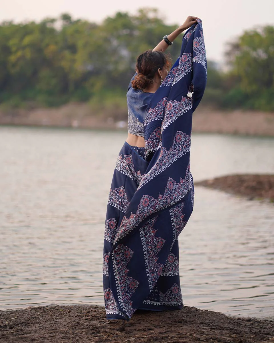 Elishat Black Block printed Modal Silk Saree - Jaisal - Image 11
