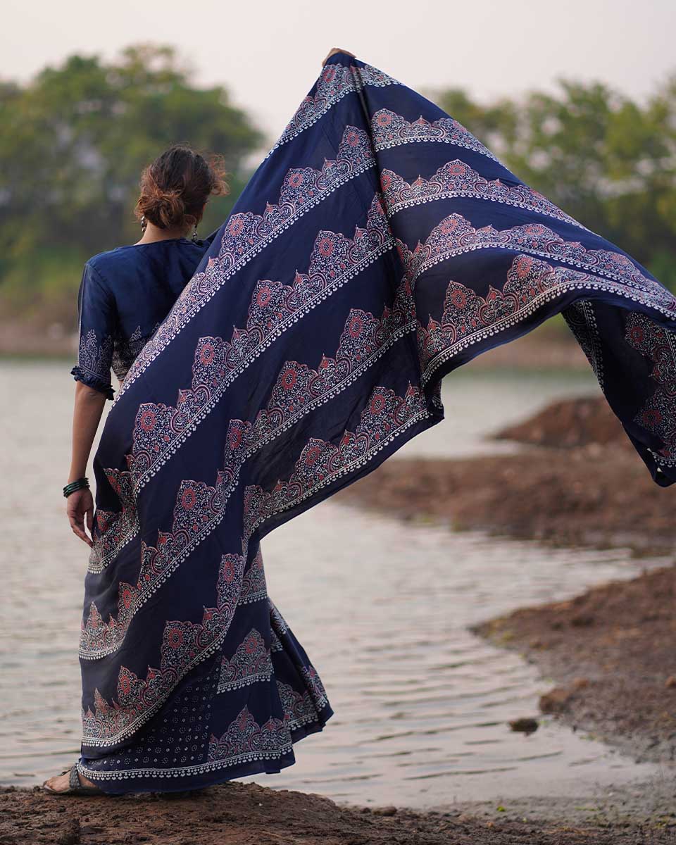 Elishat Black Block printed Modal Silk Saree - Jaisal - Image 4