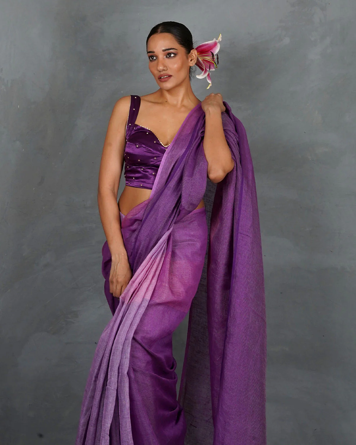 Embrace Glow Purple Handwoven Linen Saree - TARA - Image 4