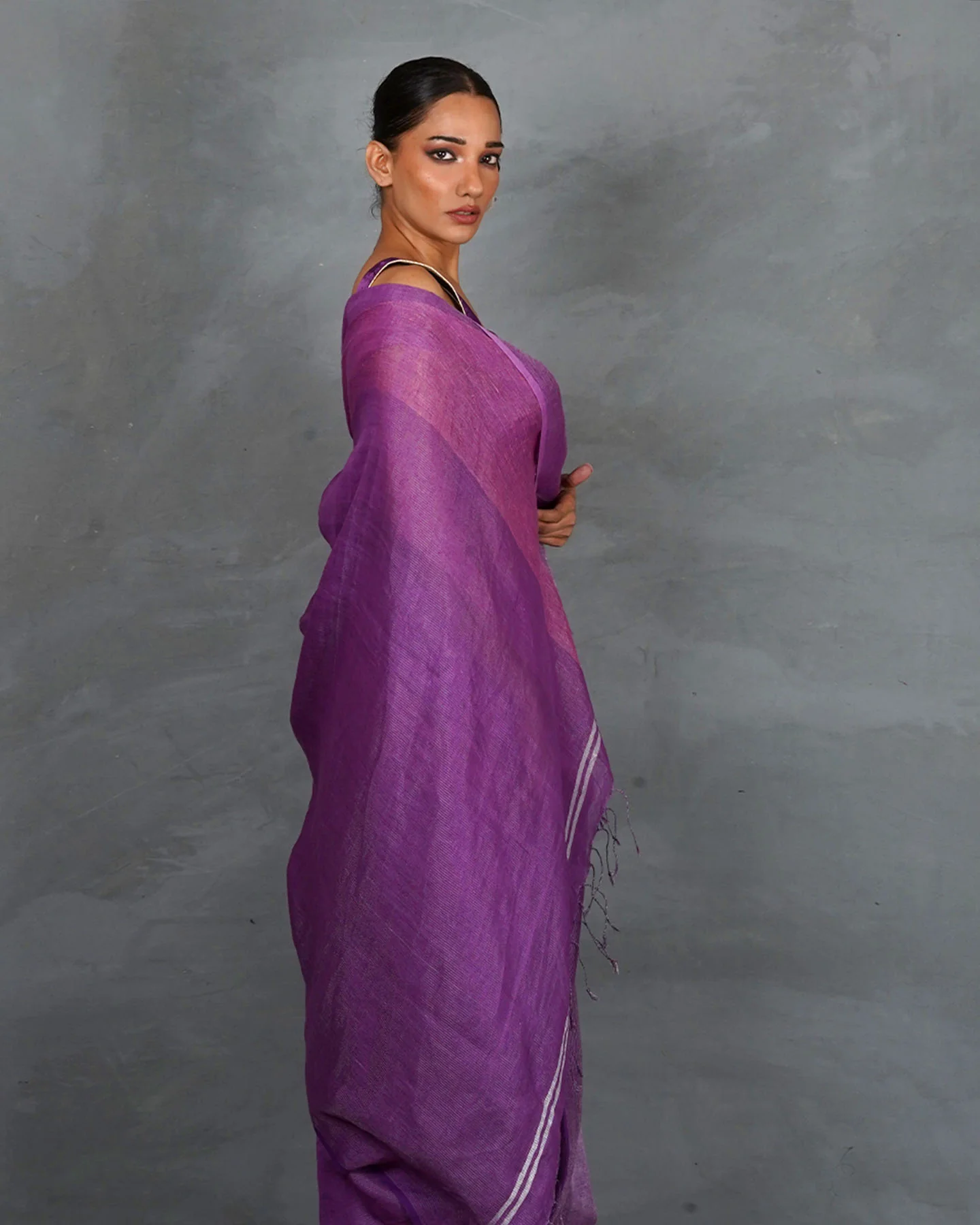 Embrace Glow Purple Handwoven Linen Saree - TARA - Image 6
