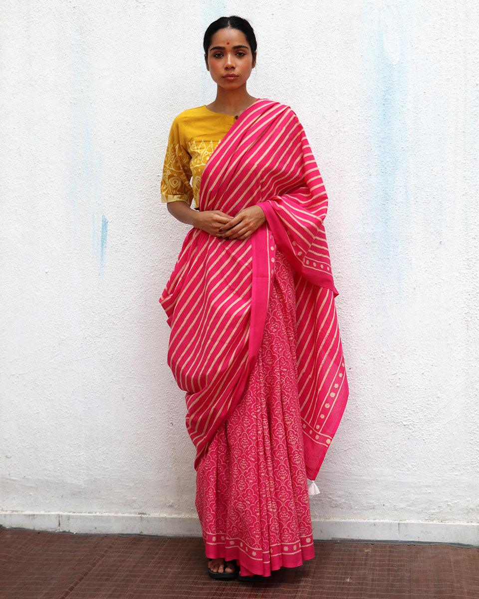 Firelight Pink Handprinted Cotton Sarees - Image 4