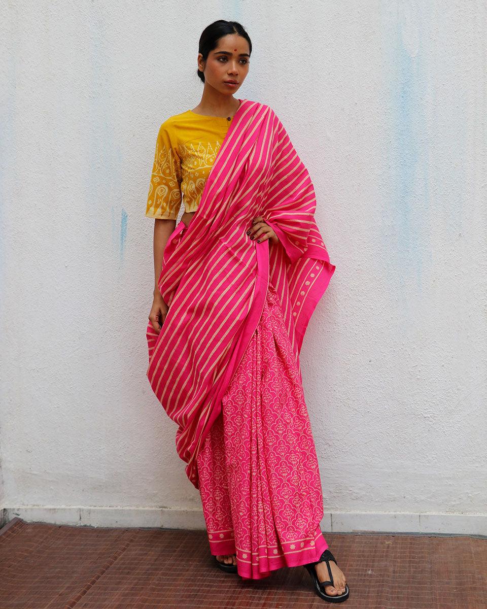 Firelight Pink Handprinted Cotton Sarees - Image 5