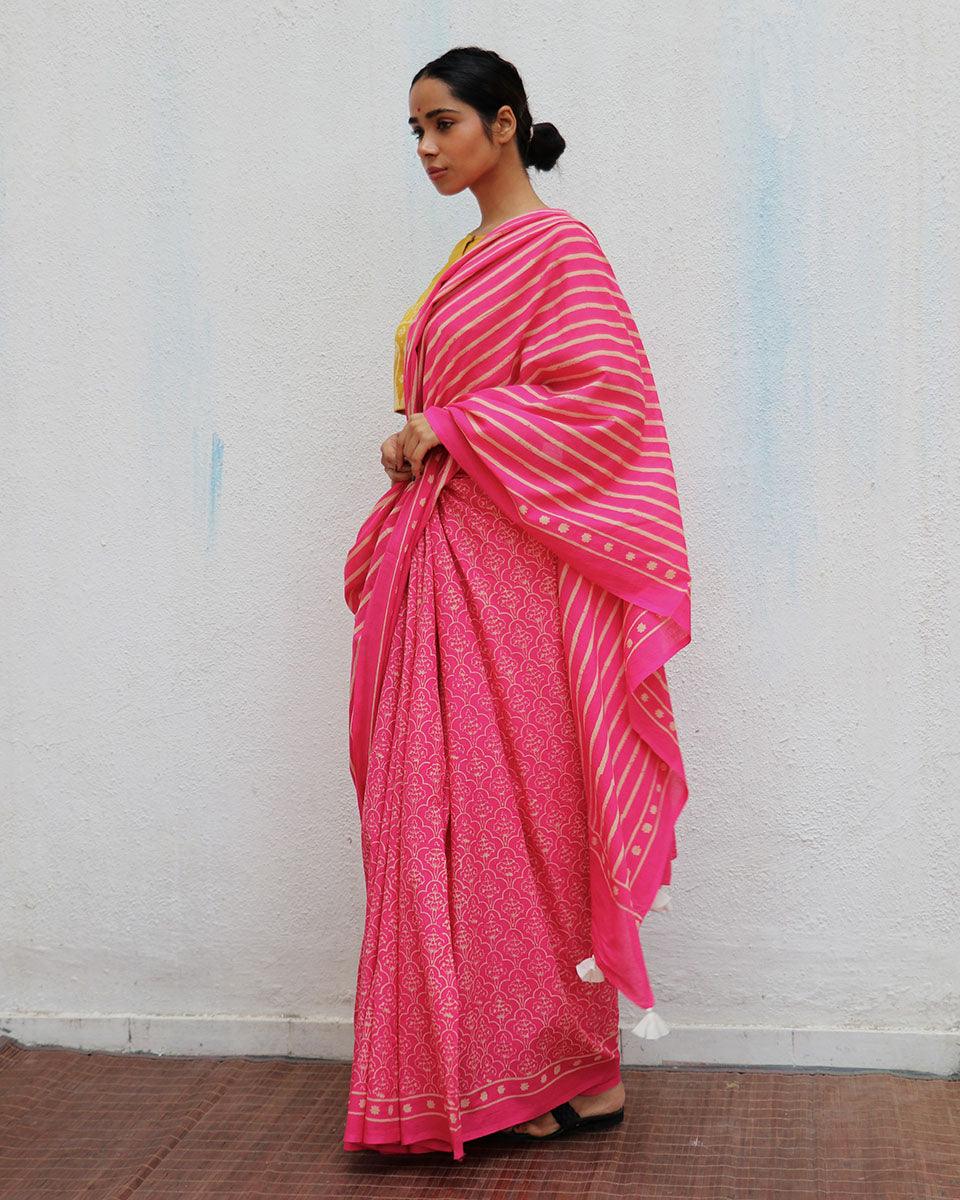 Firelight Pink Handprinted Cotton Sarees - Image 6
