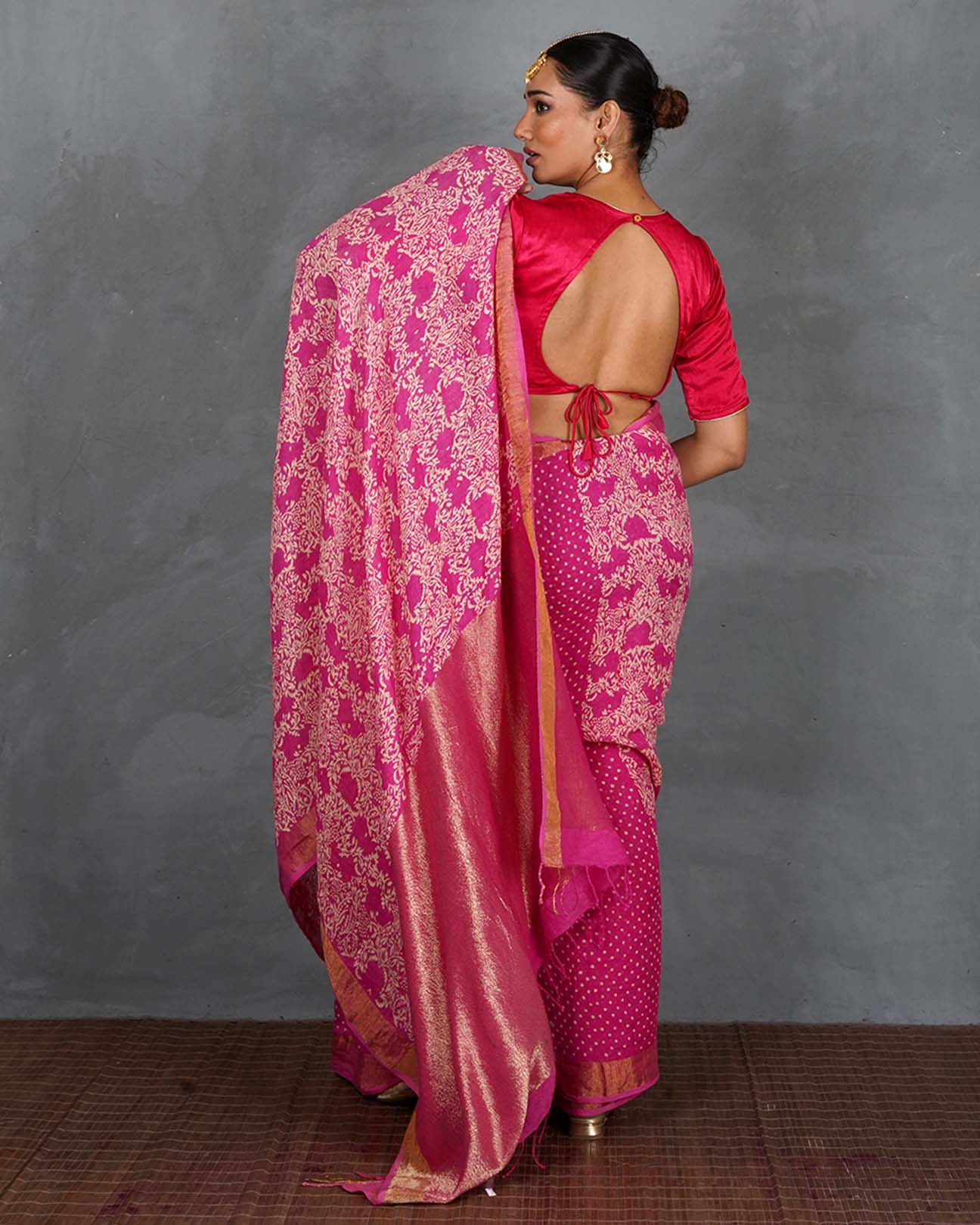 Fiza Pink Handblock Linen Saree - TARA - Image 3