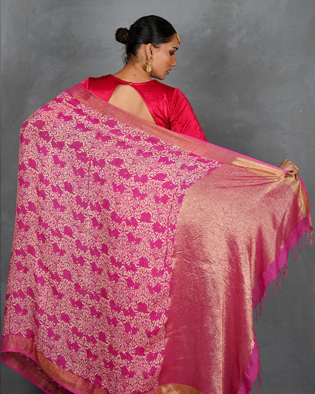 Fiza Pink Handblock Linen Saree - TARA - Image 4
