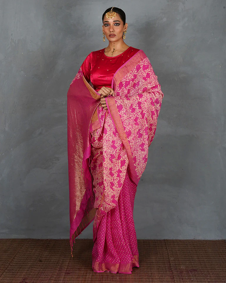 Fiza Pink Handblock Linen Saree - TARA - Image 5