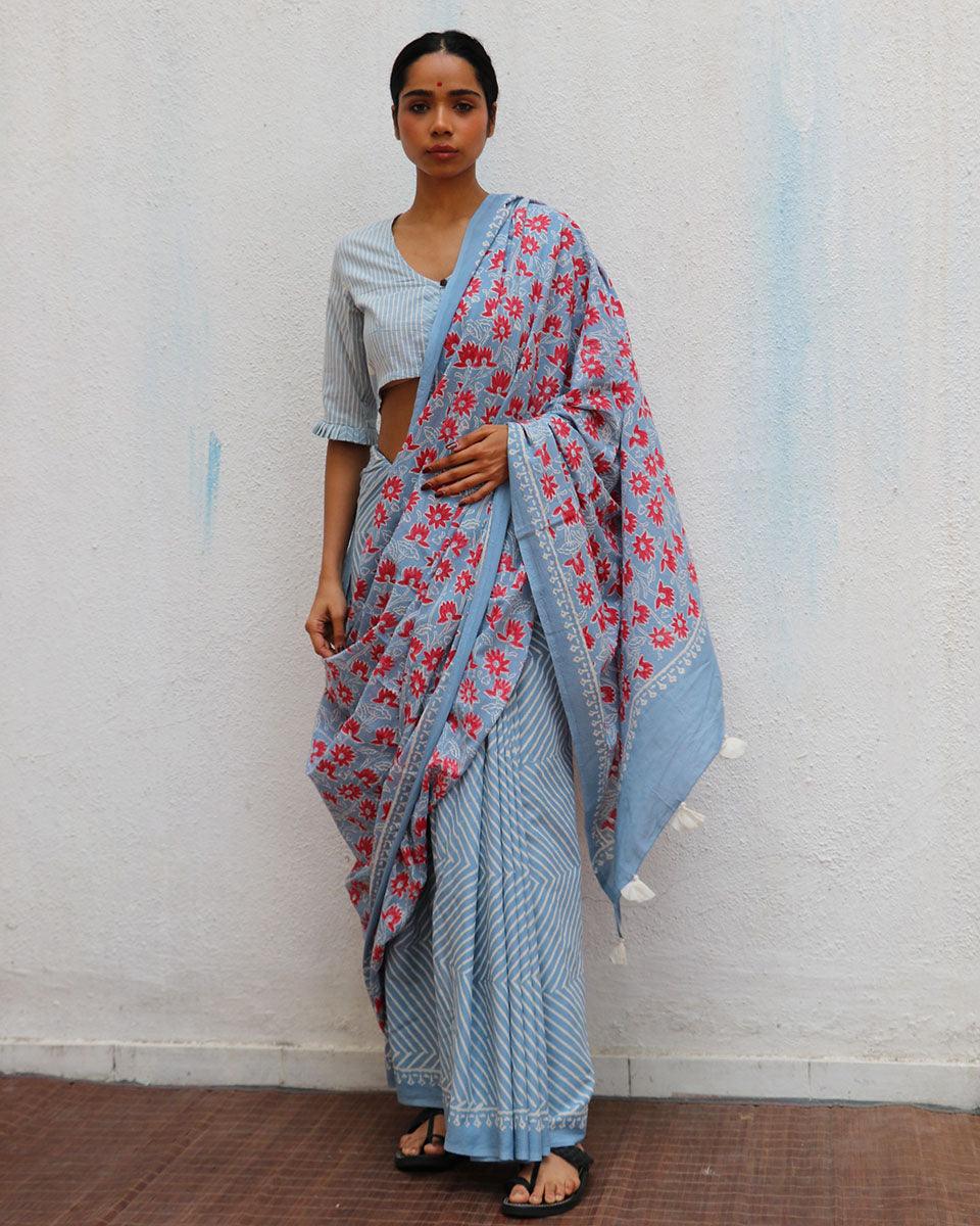 Folk Flowers Handprinted Cotton Sarees - Image 2