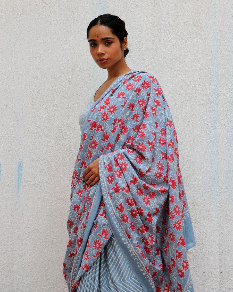 Folk Flowers Handprinted Cotton Sarees - Image 5
