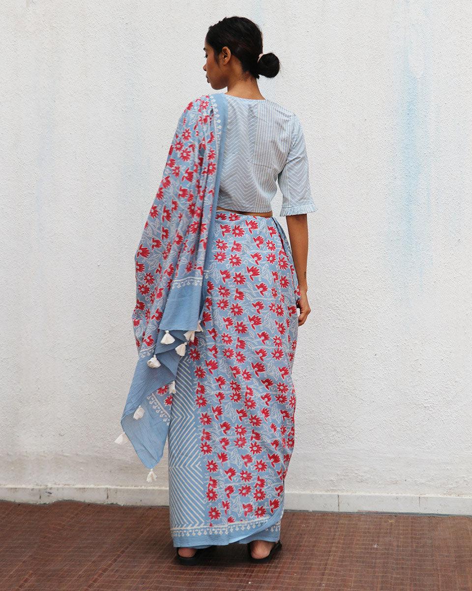 Folk Flowers Handprinted Cotton Sarees - Image 7