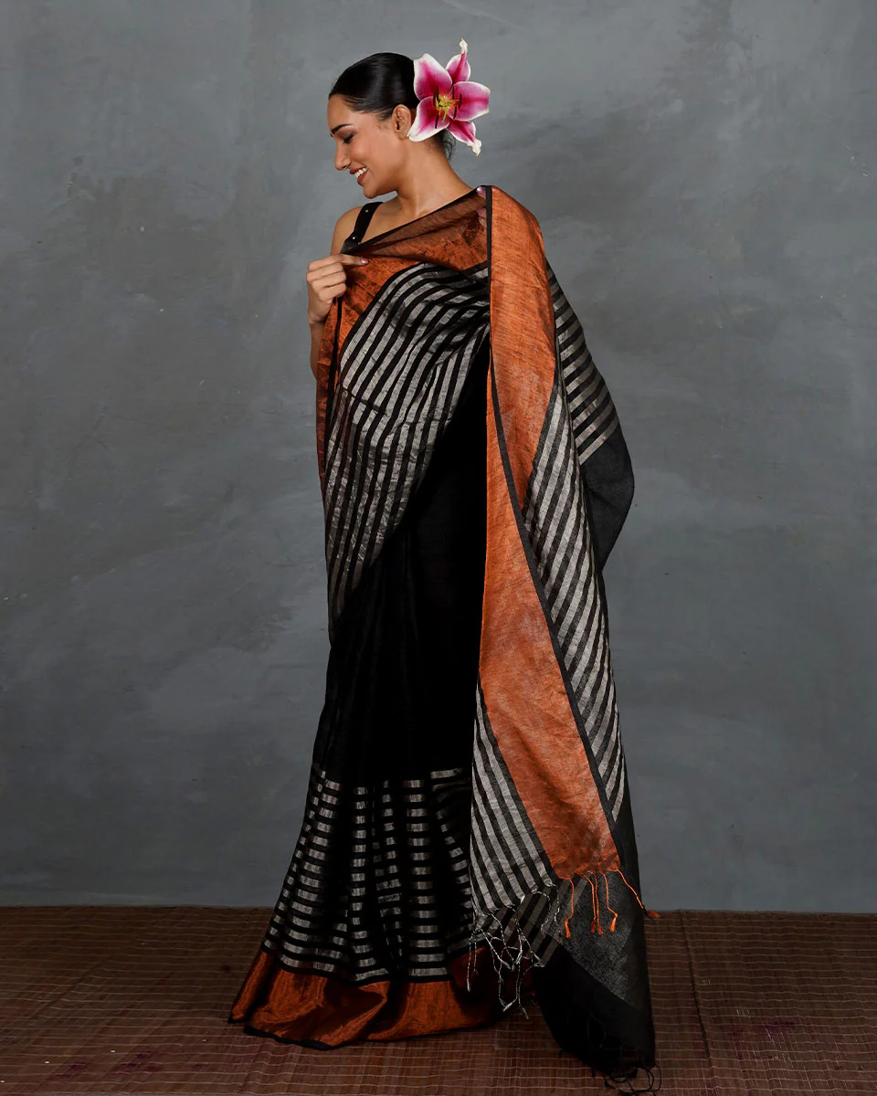 Follow Dawn Black Handwoven Linen Saree - TARA - Image 12