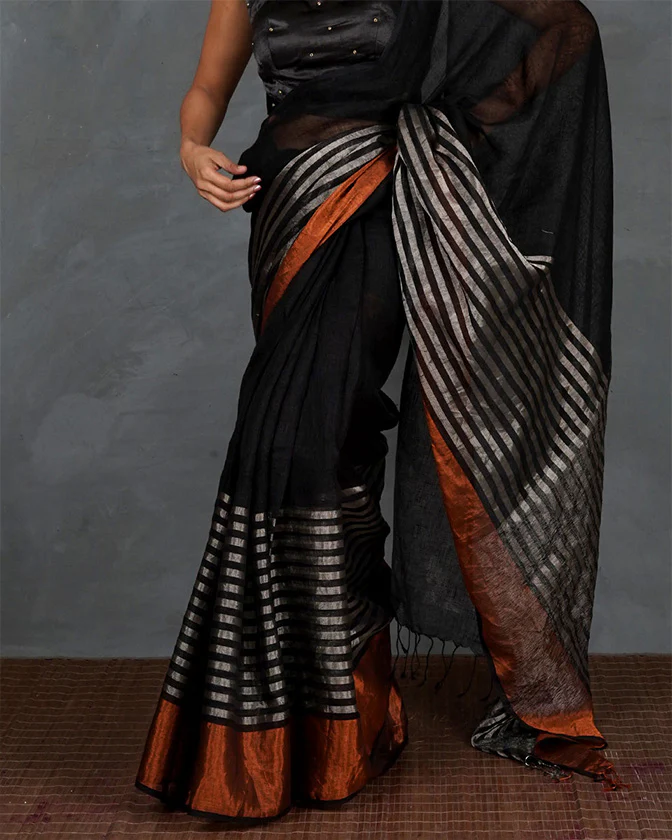 Follow Dawn Black Handwoven Linen Saree - TARA - Image 6
