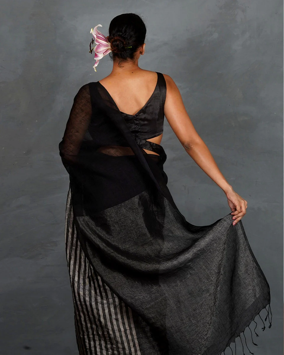 Follow Dawn Black Handwoven Linen Saree - TARA - Image 9