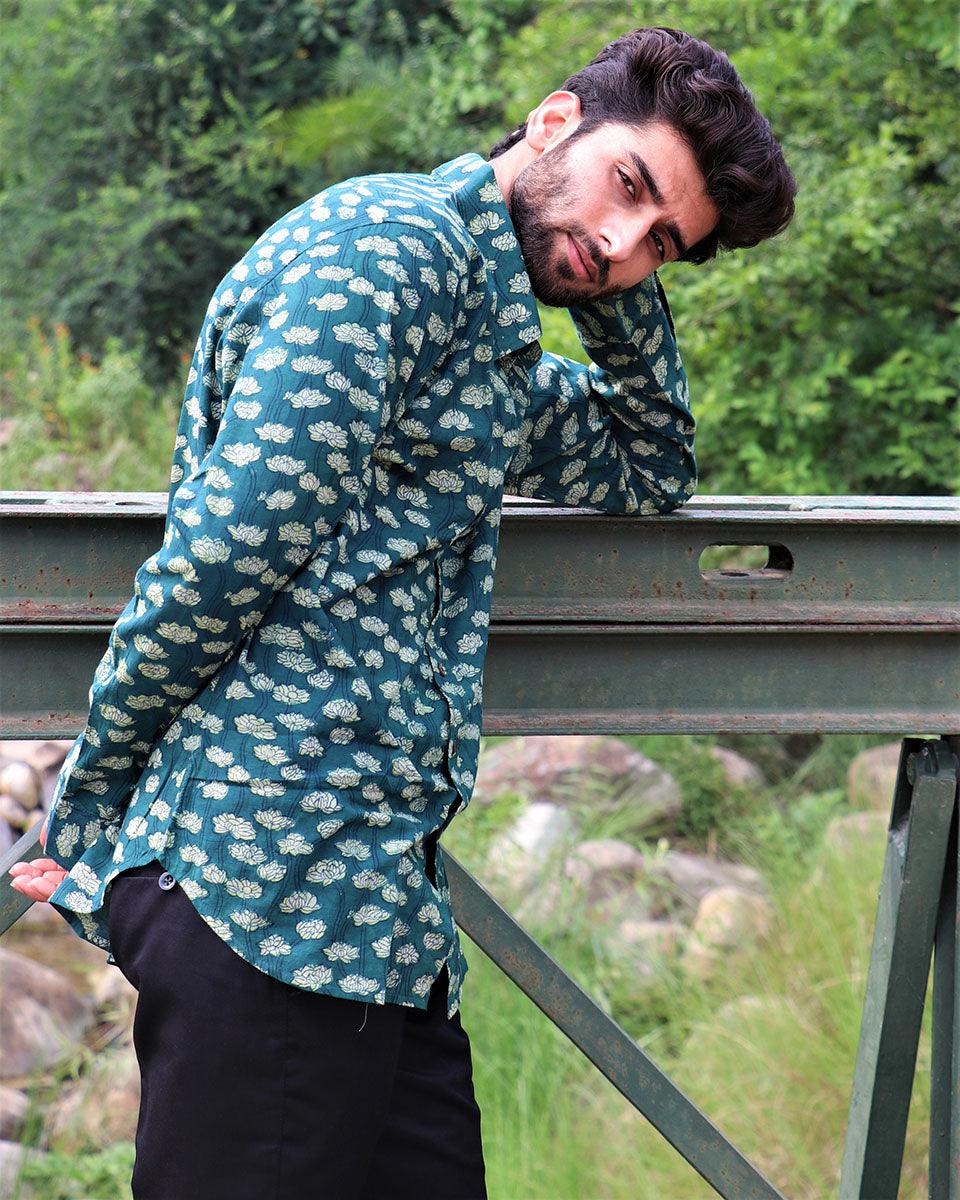 Forest Green Block Printed Cotton Shirt - Image 5