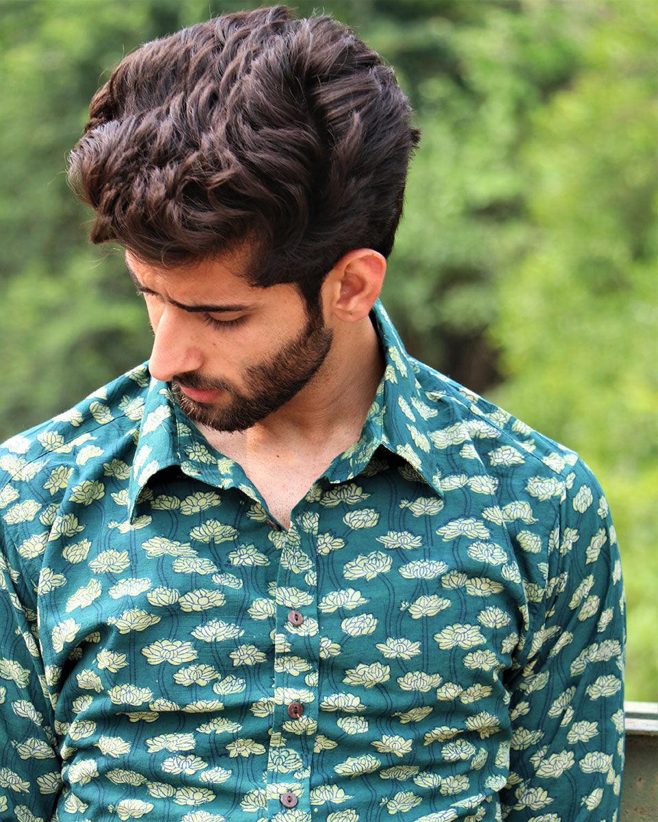 Forest Green Block Printed Cotton Shirt - Image 6