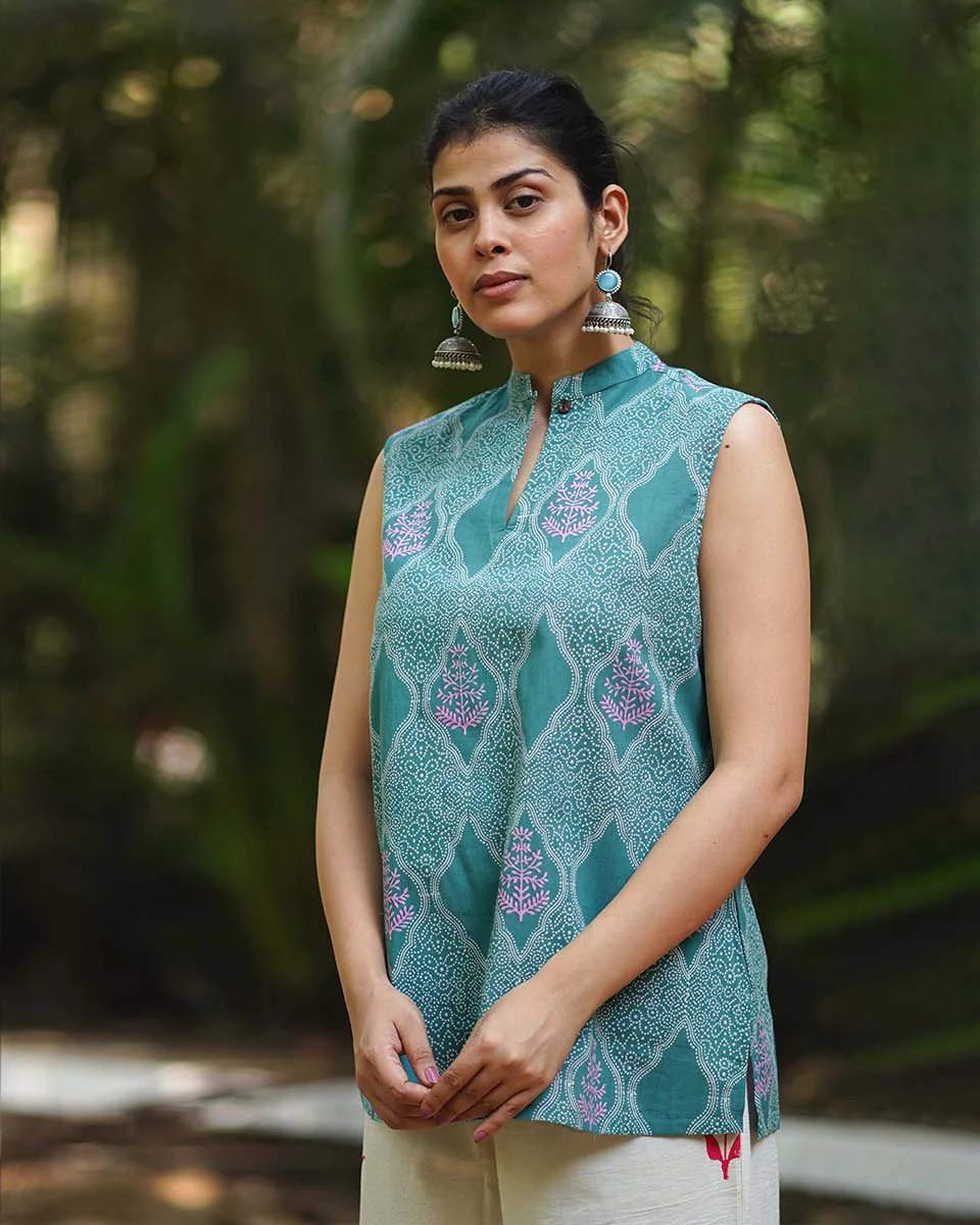 Frangipaniâ€™s Freshness Teal Green Block Printed Top - MMG - Image 4