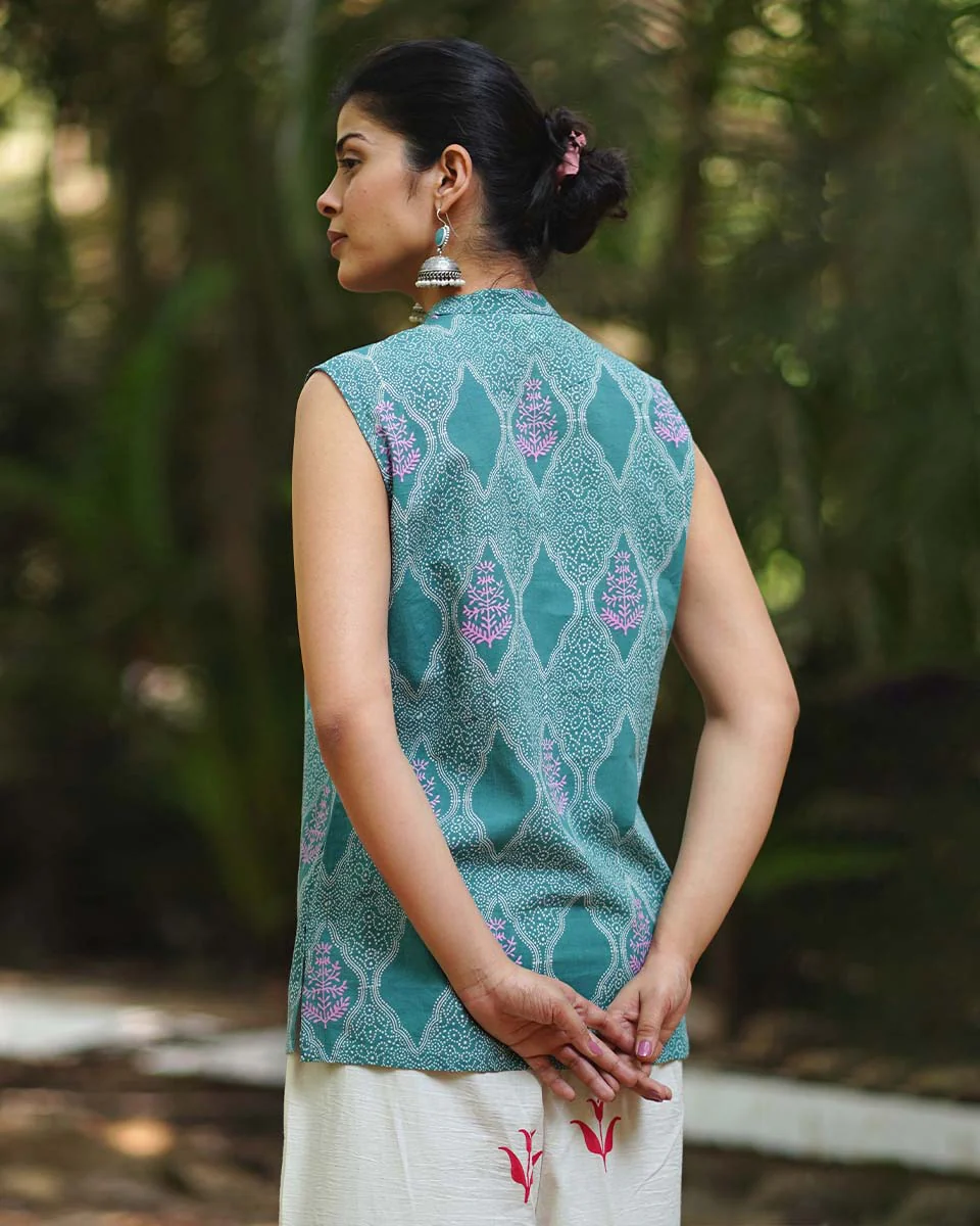 Frangipaniâ€™s Freshness Teal Green Block Printed Top - MMG - Image 6