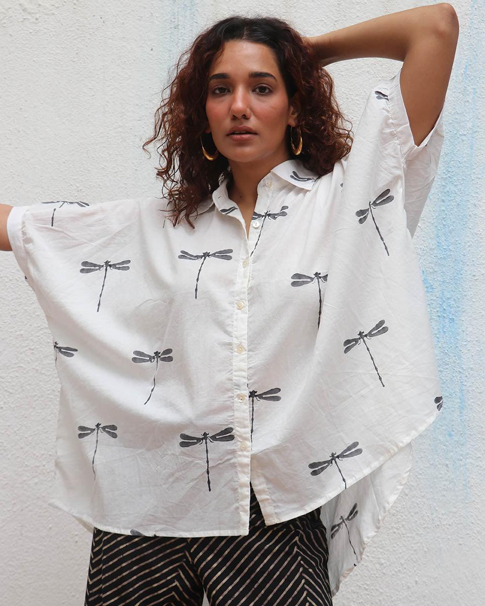 Free Falling Handblock Printed Cotton Shirt - Mono - Image 3