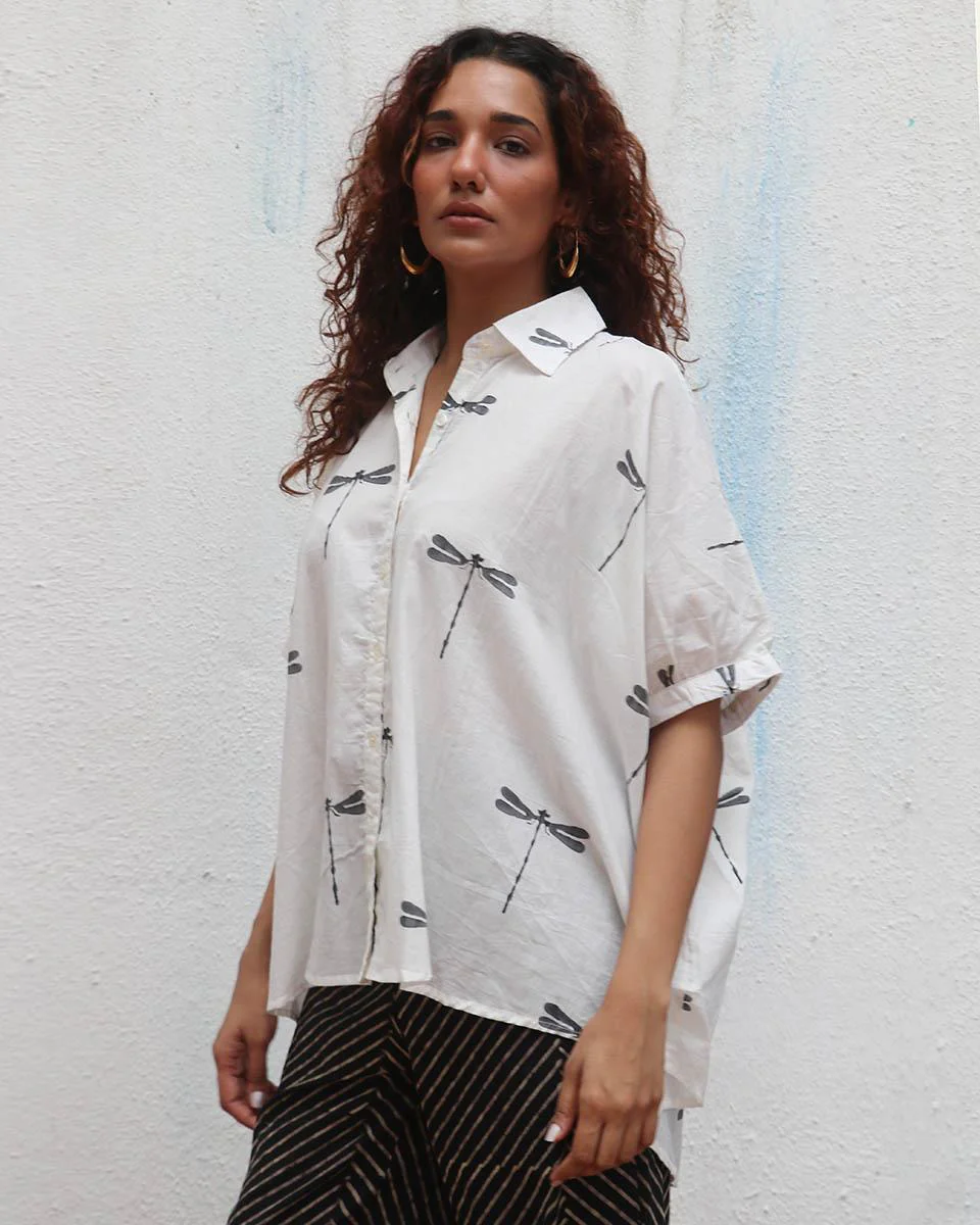 Free Falling Handblock Printed Cotton Shirt - Mono - Image 7