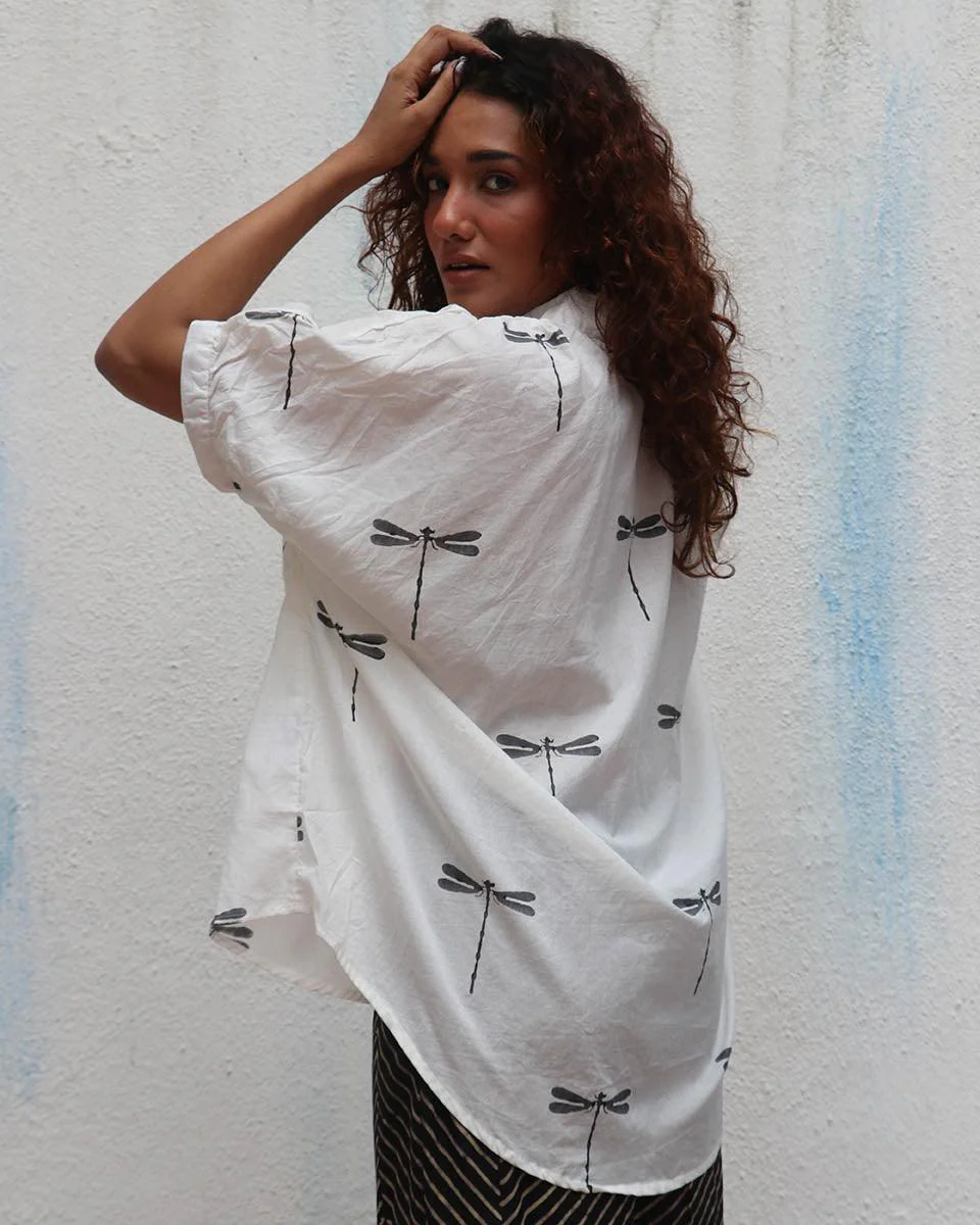 Free Falling Handblock Printed Cotton Shirt - Mono - Image 8
