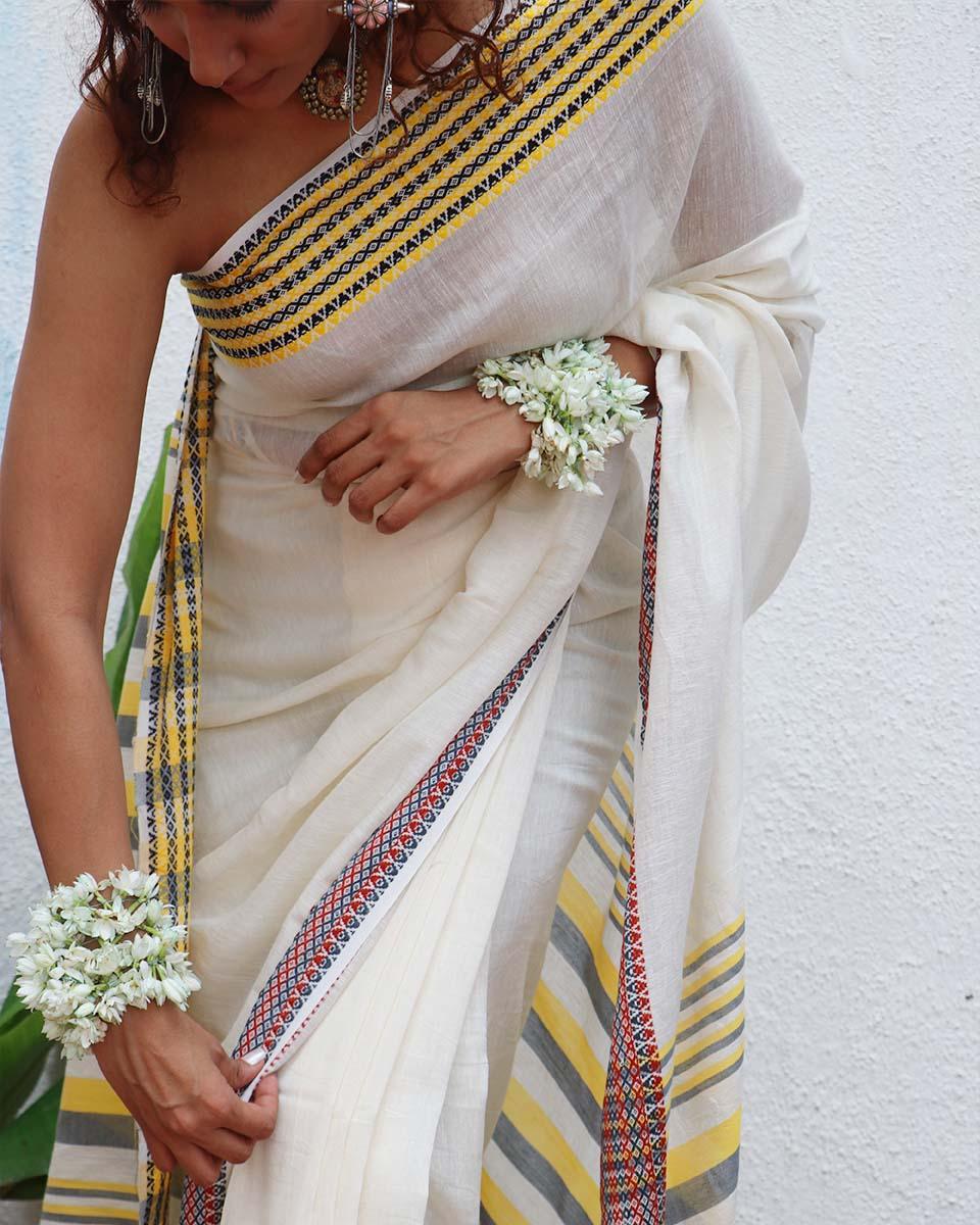 Gauri Ivory Handwoven Linen Cotton Jamdani Saree - Uma - Image 4