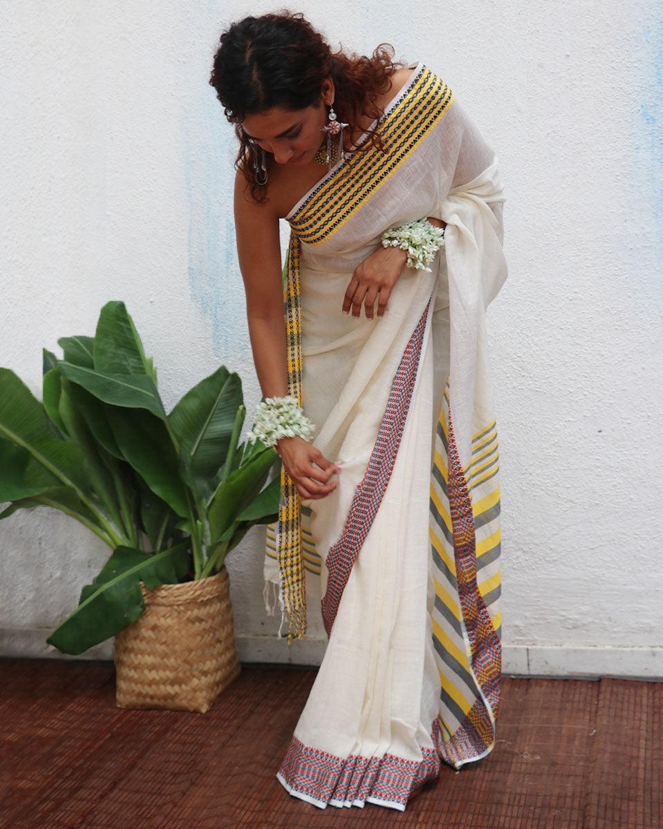 Gauri Ivory Handwoven Linen Cotton Jamdani Saree - Uma - Image 5