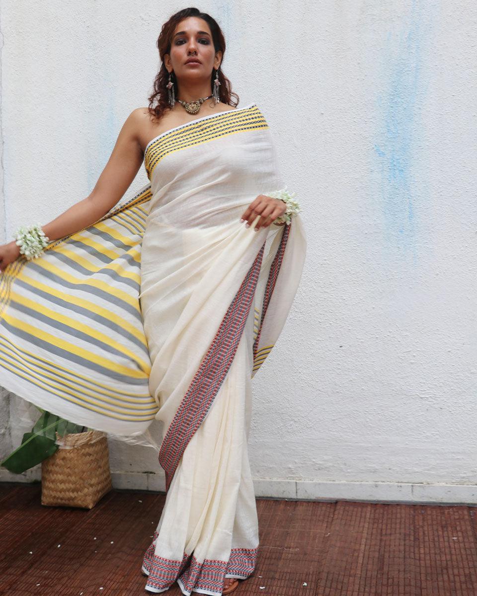 Gauri Ivory Handwoven Linen Cotton Jamdani Saree - Uma - Image 7