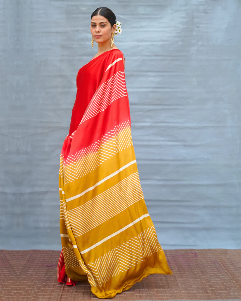 Gentle Fall Red Handblock Print Modal Silk Saree - Flow - Image 10