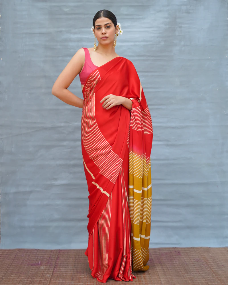 Gentle Fall Red Handblock Print Modal Silk Saree - Flow - Image 4
