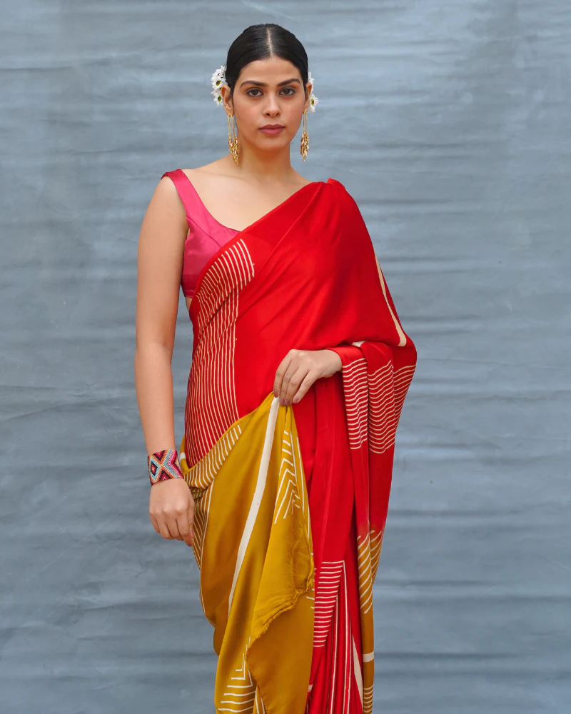 Gentle Fall Red Handblock Print Modal Silk Saree - Flow - Image 5