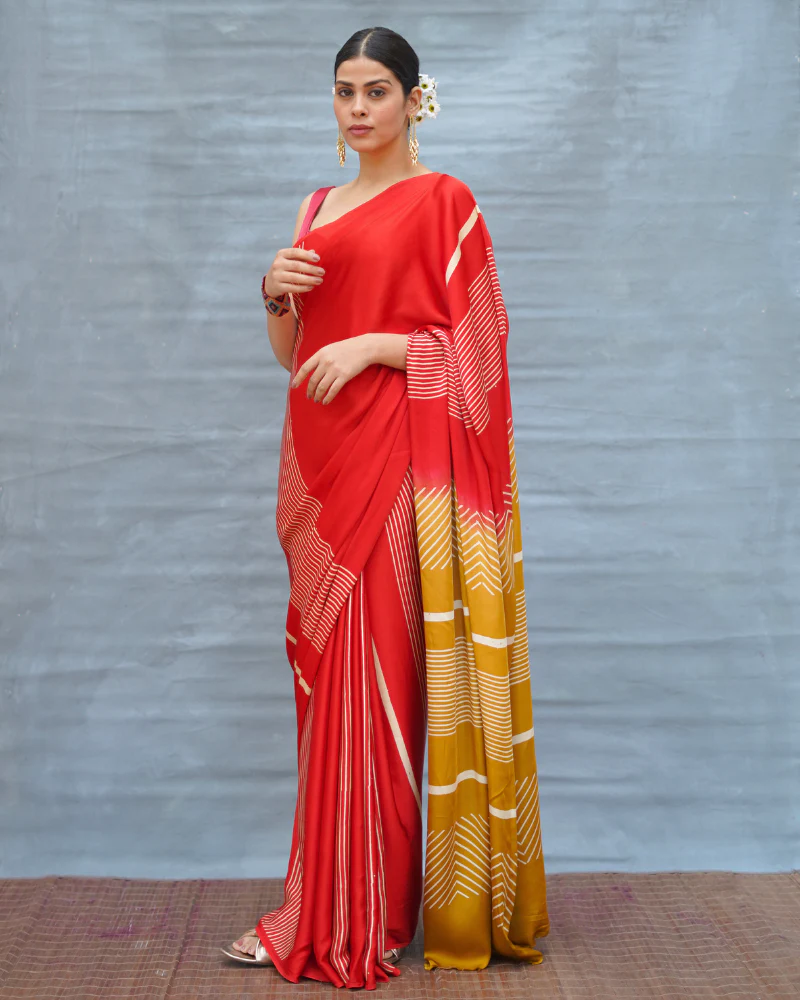 Gentle Fall Red Handblock Print Modal Silk Saree - Flow - Image 8