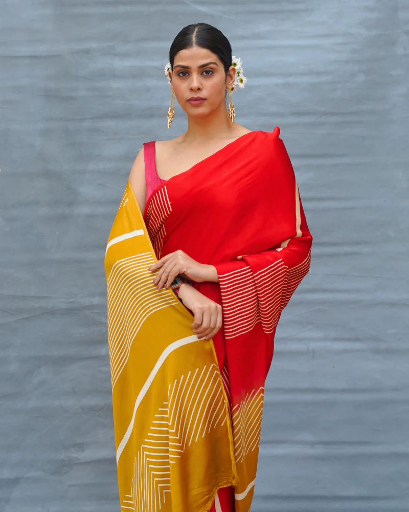 Gentle Fall Red Handblock Print Modal Silk Saree - Flow - Image 9