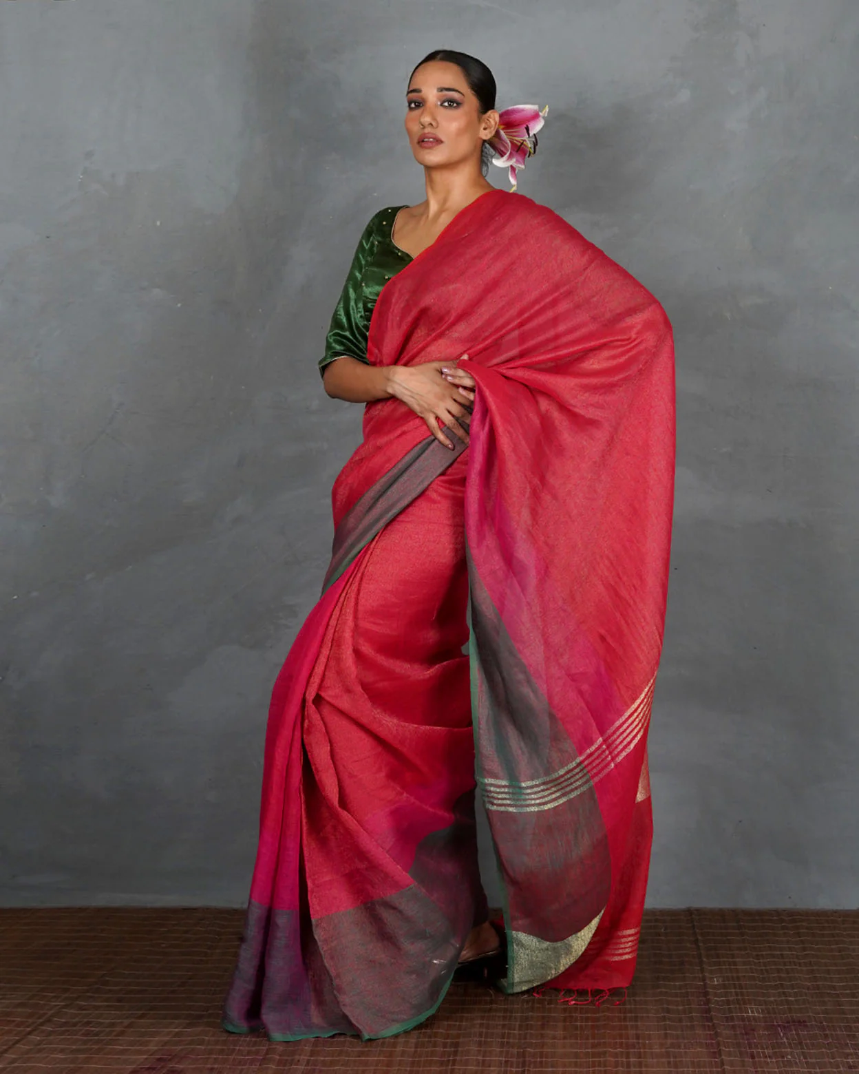 Glow Forward Red With Green Handwoven Linen Saree - TARA - Image 11
