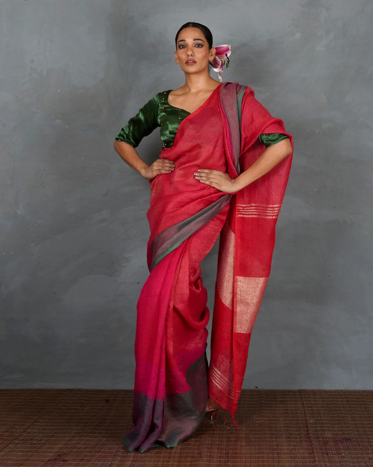 Glow Forward Red With Green Handwoven Linen Saree - TARA - Image 13