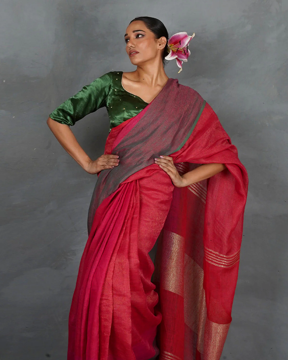 Glow Forward Red With Green Handwoven Linen Saree - TARA - Image 4
