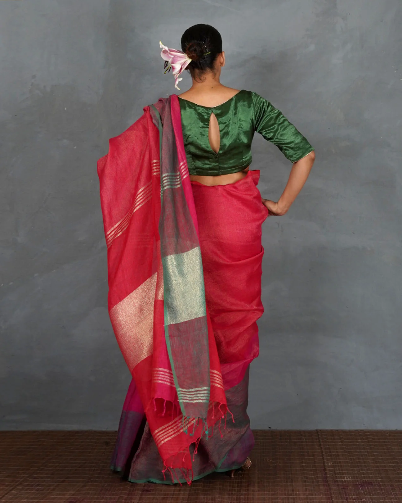 Glow Forward Red With Green Handwoven Linen Saree - TARA - Image 5