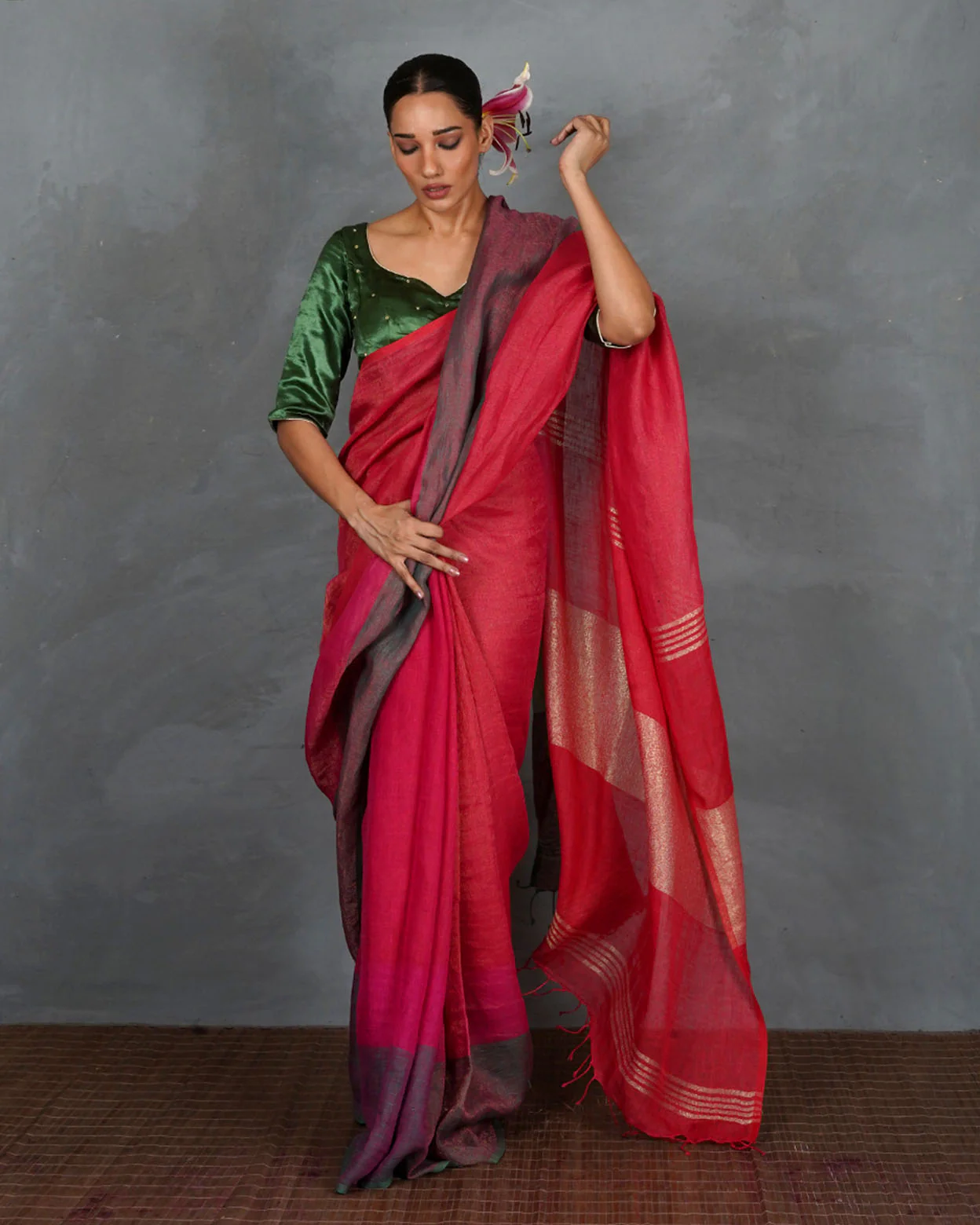 Glow Forward Red With Green Handwoven Linen Saree - TARA - Image 6