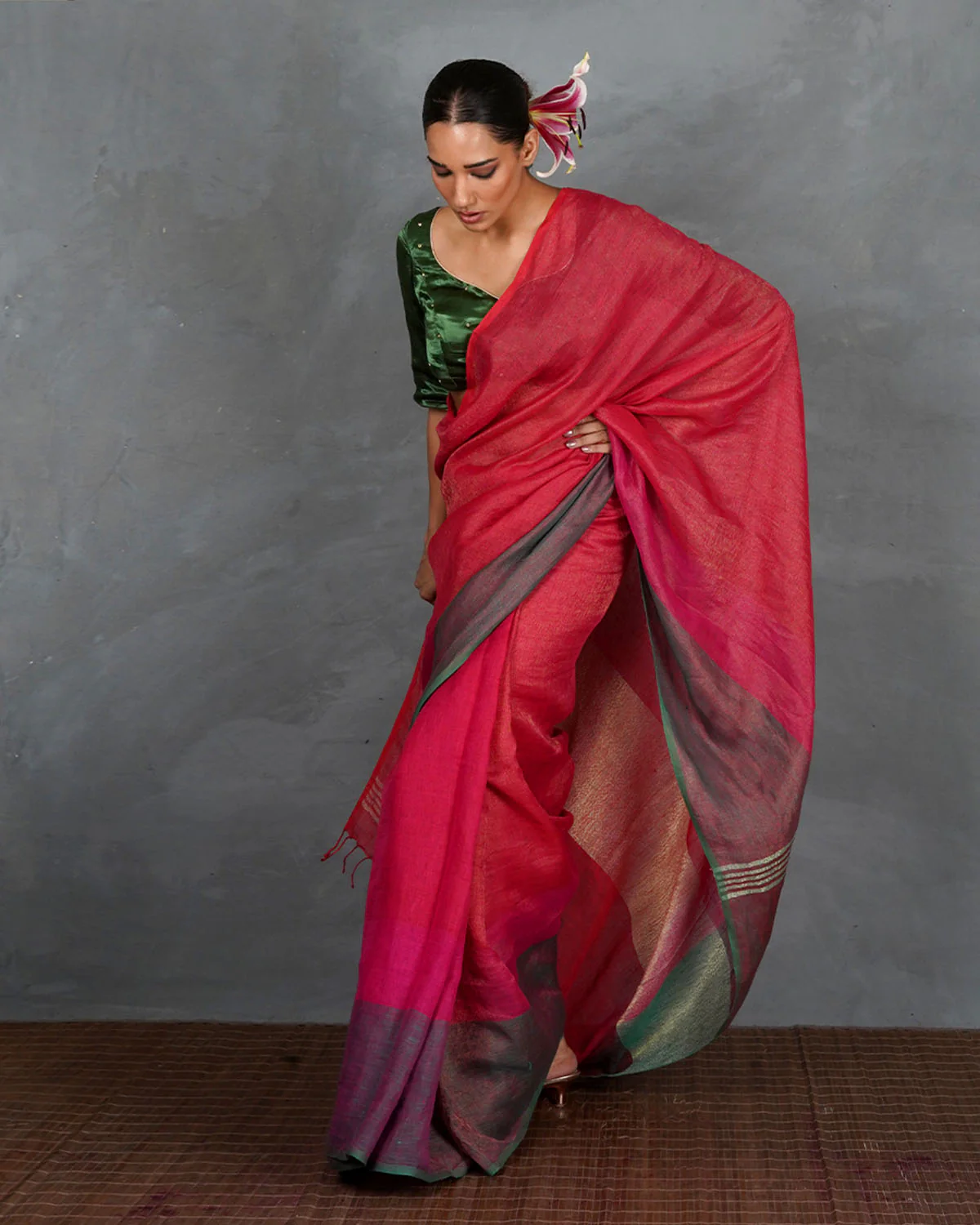 Glow Forward Red With Green Handwoven Linen Saree - TARA - Image 8