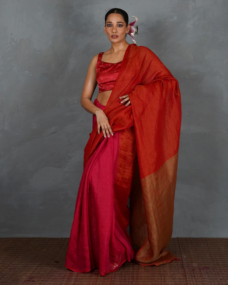 Glow On Red Handwoven Linen Saree - TARA