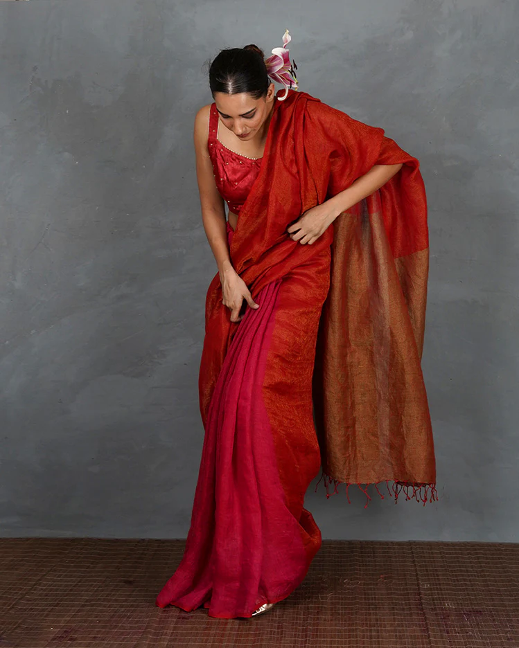 Glow On Red Handwoven Linen Saree - TARA - Image 10