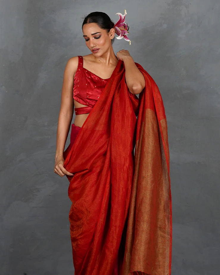 Glow On Red Handwoven Linen Saree - TARA - Image 4