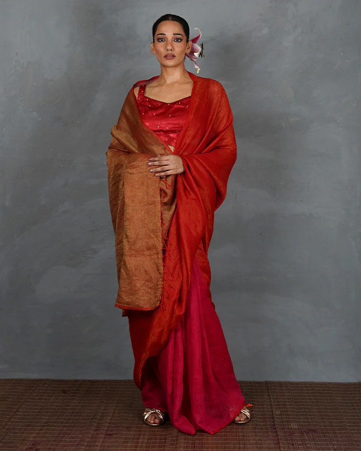Glow On Red Handwoven Linen Saree - TARA - Image 6