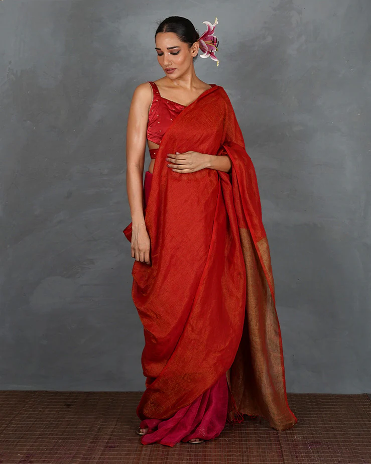 Glow On Red Handwoven Linen Saree - TARA - Image 7