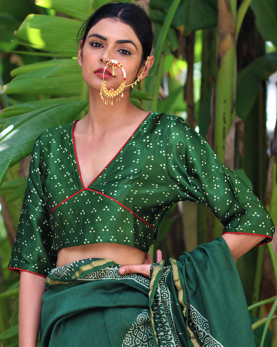 Green Blockprinted Mashru Silk Blouse-Chand Se - Image 2