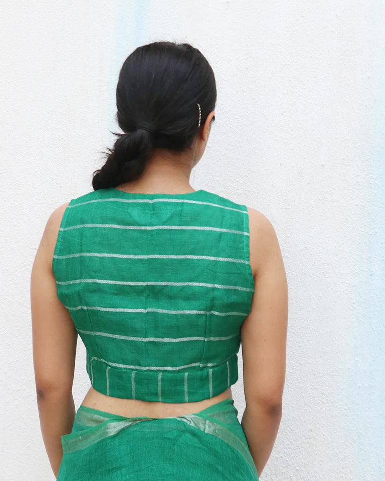 Green Handwoven Linen Zari Blouse - Everyday Beautiful - Image 3