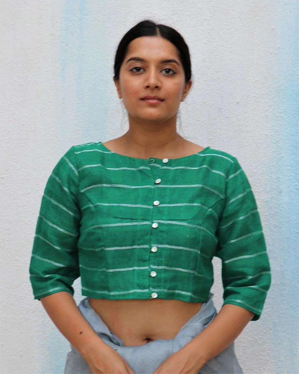 Green Handwoven Linen Zari Blouse - Everyday Beautiful