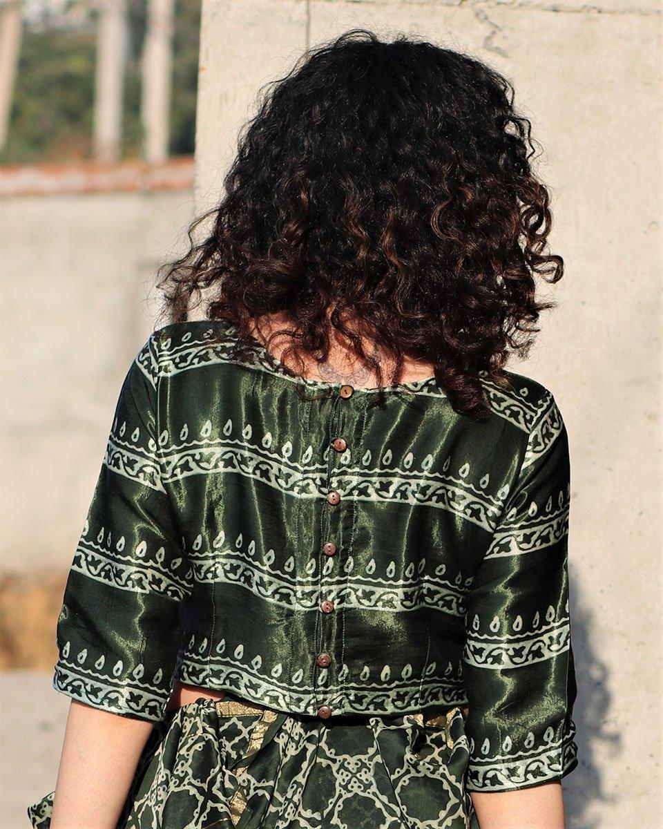 Green Line Crop Top Blouse In Mashru Silk - Image 3