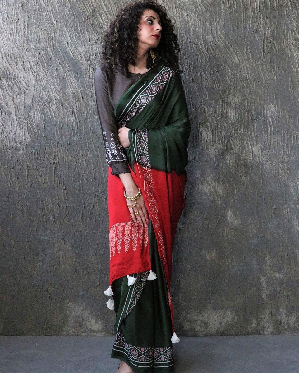 Green-Red Blockprinted Modal Silk Saree - Image 4