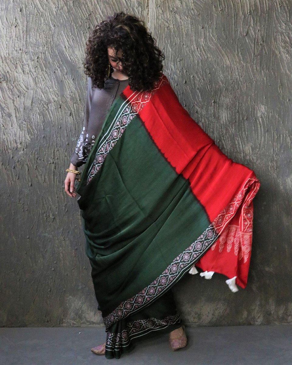 Green-Red Blockprinted Modal Silk Saree - Image 5