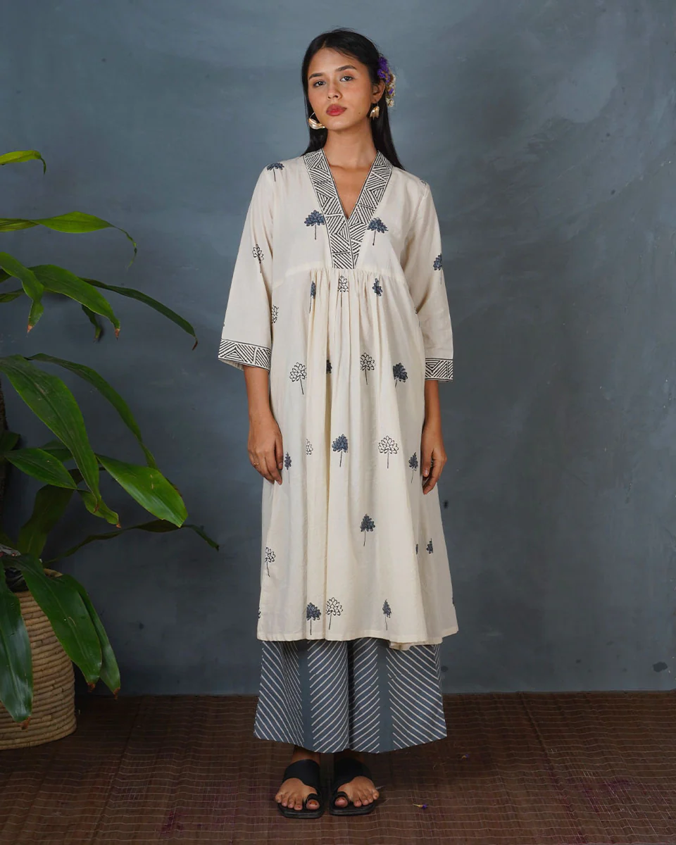 Grey Bloom Ivory Block Printed Kurti - BMS
