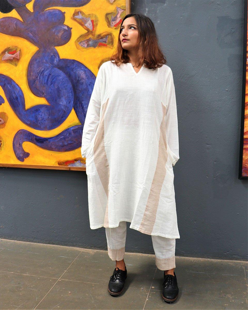 Handwoven Cotton Milk Kurta Set-Mog - Image 3